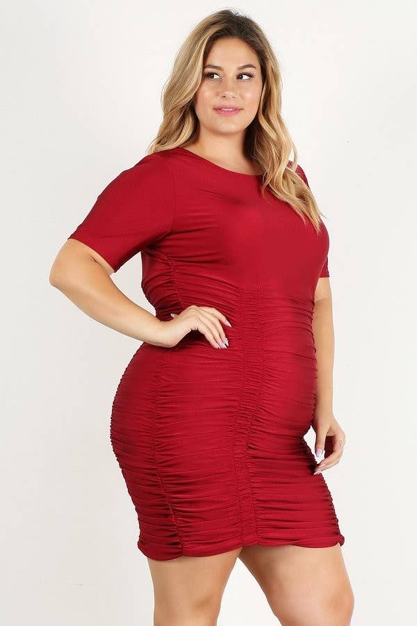 Plus Size Satin Knit Ruched Plus Size Dress