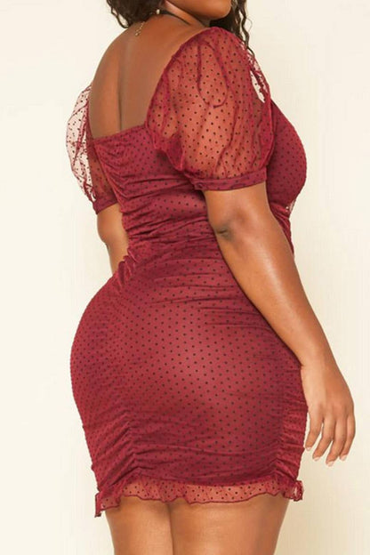 Plus Size Sweet Polka Dot Ruched Mini Dress