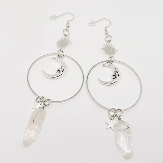 Silver Star Moon White Crystal Pendant Earrings