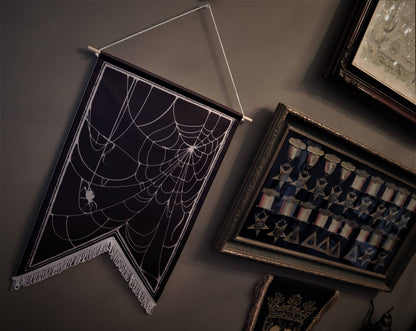 The spiders web- enamel pin display banner and wall hanging