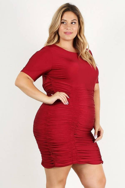 Plus Size Satin Knit Ruched Plus Size Dress