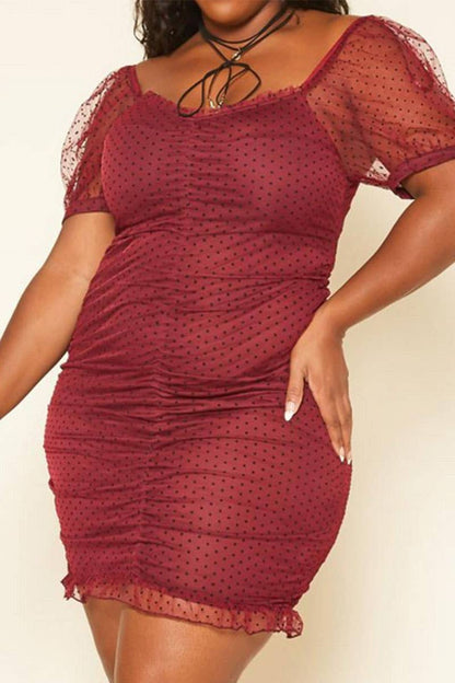 Plus Size Sweet Polka Dot Ruched Mini Dress