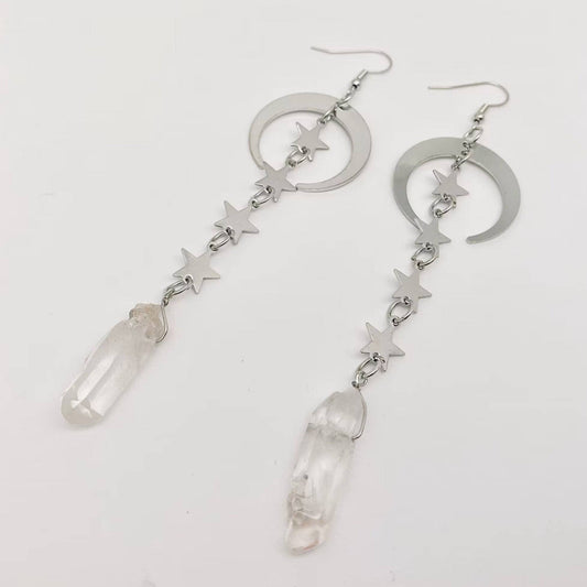 Silver Star Moon White Crystal Pendant Earrings