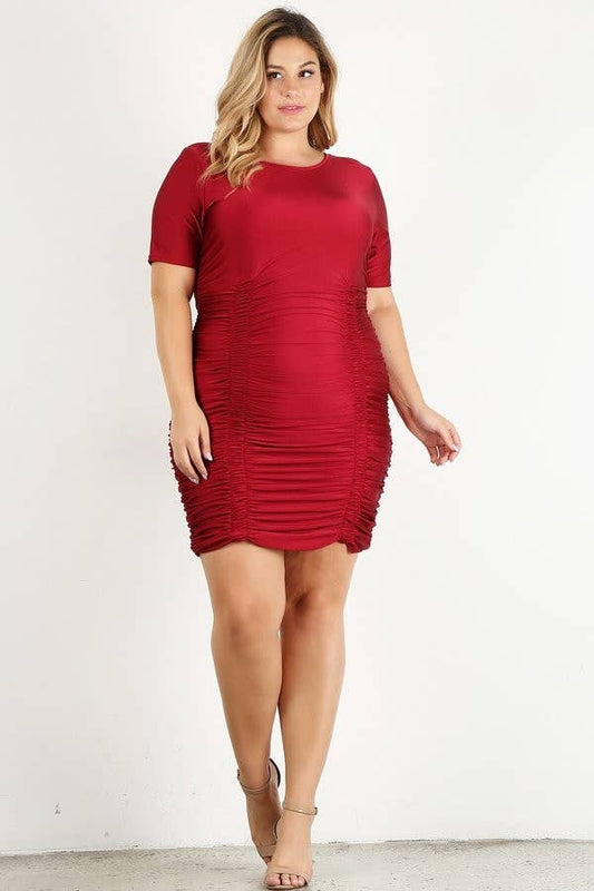 Plus Size Satin Knit Ruched Plus Size Dress