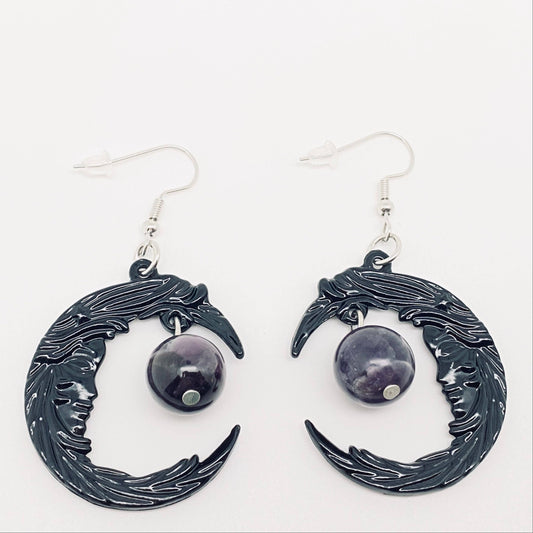 Gothic Crescent Moon Face Purple Bead Earrings