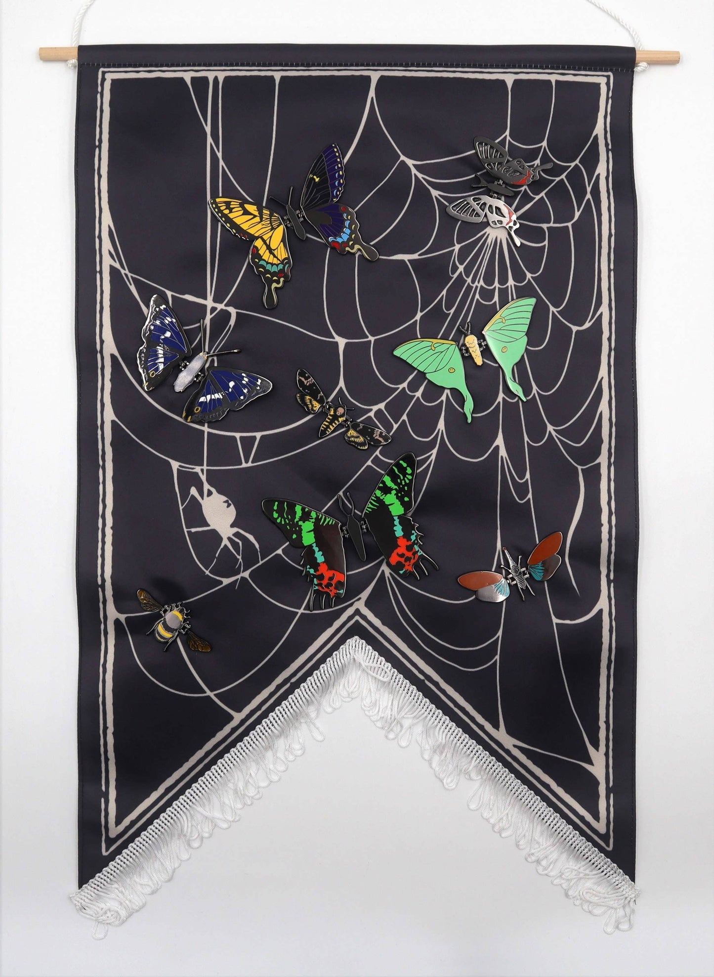 The spiders web- enamel pin display banner and wall hanging