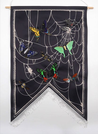 The spiders web- enamel pin display banner and wall hanging