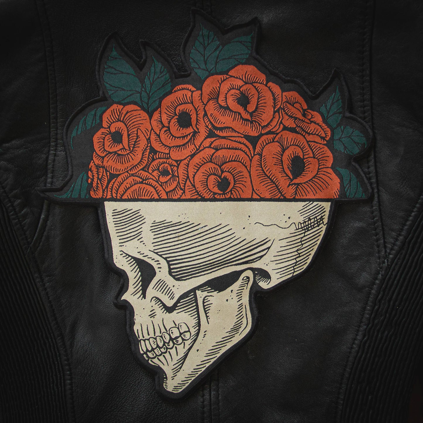 "Thinking of You" Skull and Roses Iron-On Back Patch